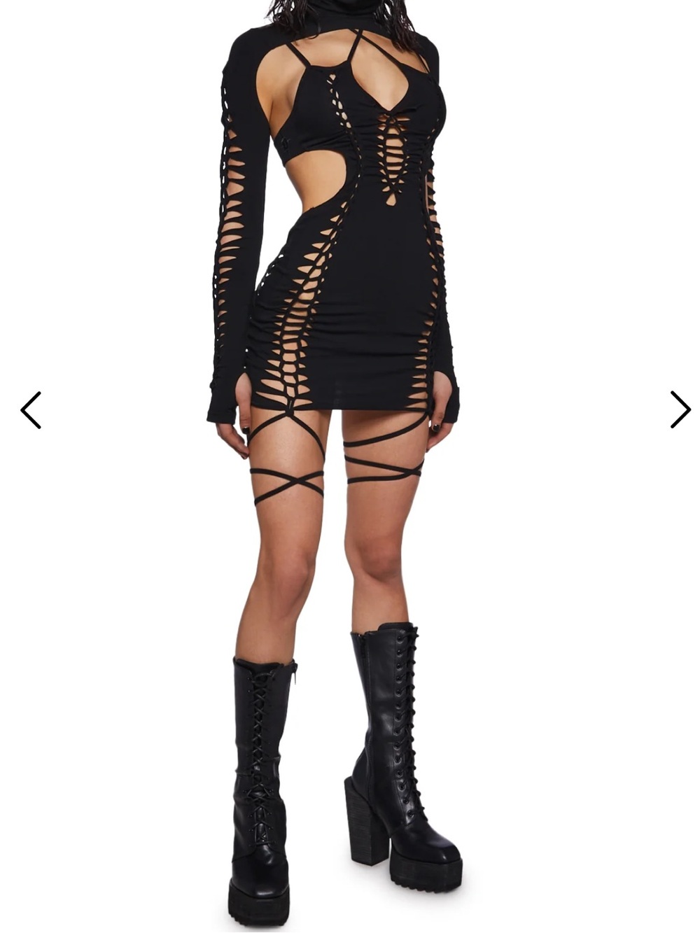 Dolls Kill Darker Waves Shredded Black Cutout Lace-up Bodycon Rave Mini Dress - Picture 2 of 15